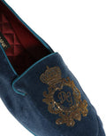 Men's Blue Velvet Crown Embroidery Loafers Shoes Leather
