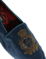 Men's Blue Velvet Crown Embroidery Loafers Shoes Leather