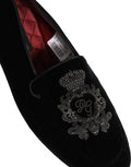 Men's Black Velvet Crown Embroidery Loafers Shoes Leather