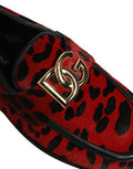 Men's Red Leopard Print Pony Hair Dress Loafers Shoes Calf Fur