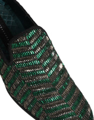 Men's Silver Green Embellished Dress Loafers Shoes Leather