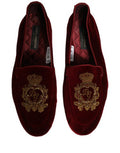 Men's Maroon Velvet Crown Embroidery Loafers Shoes Leather