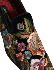 Men's Black Velvet Floral Embroidery Loafers Shoes Leather