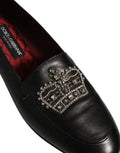 Men's Black Leather Crown Embellished Loafers Shoes