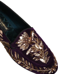 Men's Violet Velvet Floral Embroidery Loafers Shoes Leather