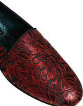 Men's Red Floral Jacquard Slip On Loafers Shoes Leather