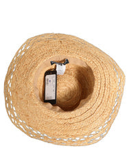 Women Beige Wide Brim Floral Bucket Capello Hat Rafia