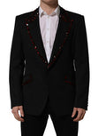 Men's Black Crystal Embellished Coat Blazer Jacket Virgin Wool Silk Polyester Clothing