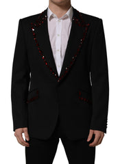 Men's Black Crystal Embellished Coat Blazer Jacket Virgin Wool Silk Polyester Clothing
