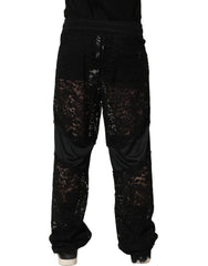 Men's Lace-Panel Joggers Black Nylon Viscose Polyester