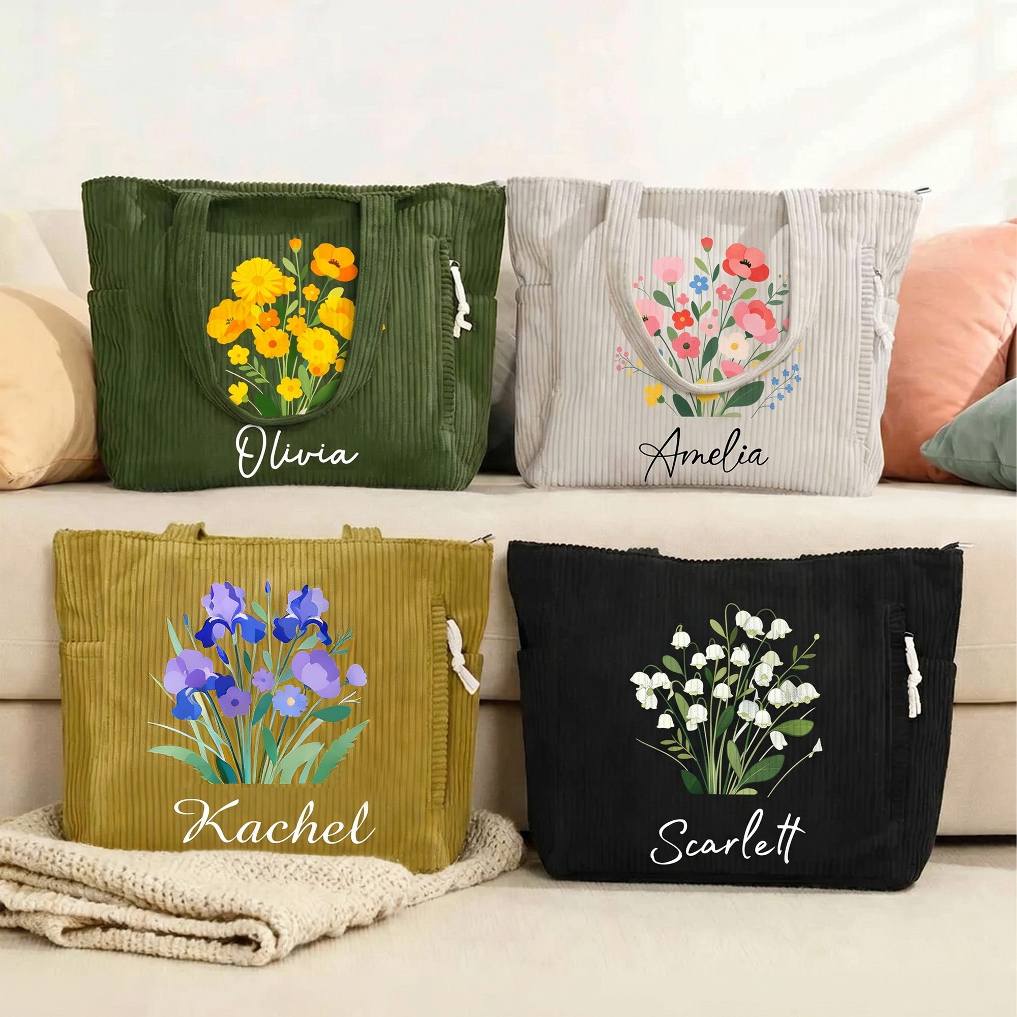 Personalizada Nacimiento Flor Gran Capacidad Bolsa de Pana con Nombre Cumpleaños Aniversario Regalo para Mujer