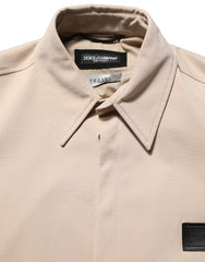 Beige Logo Overshirt Cotton Men Casual Shirt Elastane Polyester