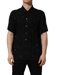 Black Logo Monogram Short Sleeves Men Shirt Silk