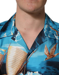 Men's Blue Silk Twill Hawaiian Graphicprint Shirt