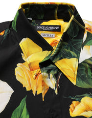 Men's Black Floral Stretch Cotton Sicilia Fit Dress Shirt Elastane