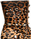 Brown Leopard Embellished Mid Calf Men Boots Shoes Leather