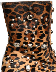 Brown Leopard Embellished Mid Calf Men Boots Shoes Leather