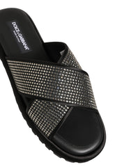 Men's Black Strass Criss Cross Slide Sandals Shoes Leather