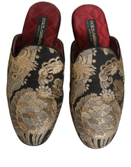 Black Floral Jacquard Flats Sandals Men Shoes Beige Faux Fur