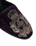 Men's Purple Velvet Crown Embroidery Loafers Shoes Leather
