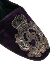 Men's Purple Velvet Crown Embroidery Loafers Shoes Leather