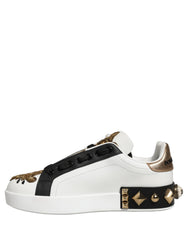 Women's White Gold Studded Portofino Sneakers Shoes Calf Leather