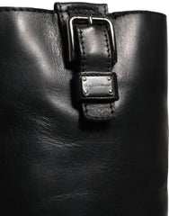 Women's Black Leather Buckle Detail Mid Calf Boots Shoes