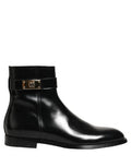 Men's Black Leather Logo Buckle Mid Calf Boots Shoes