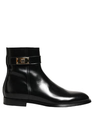 Men's Black Leather Logo Buckle Mid Calf Boots Shoes