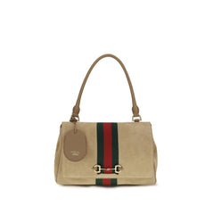Women's Web-Striped Suede Shoulder Bag Beige Calf Leather Bos