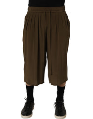 Men's Brown Silk Mid Waist Pleated Bermuda Shorts