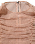 Women's Beige Cotton Mesh Ruched Sheath Midi Dress Nylon Elastane