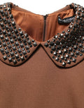 Women's Brown Wool Rhinestone Embellished Midi Dress