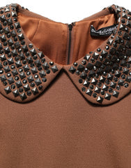Women's Brown Wool Rhinestone Embellished Midi Dress