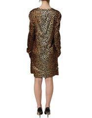 Women's Brown Ocelot Print Long Sleeve Mini Dress Silk Elastane
