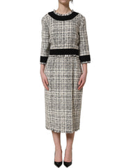 Women's Multicolor Bouclé Tweed Frayed Trim Midi Dress