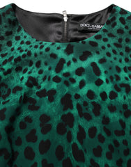 Women's Green Leopard Print Silk Knee Length Dress Elastane