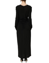 Women's Black Cotton Long Sleeves Sheath Maxi Dress Nylon Elastane