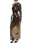 Women's Metallic Gold Polyester Longsleeve Maxi Dress Silk Cotton Lurex