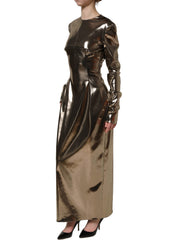 Women's Metallic Gold Polyester Longsleeve Maxi Dress Silk Cotton Lurex