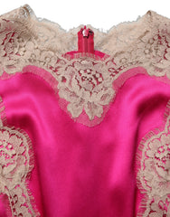 Women's Fuchsia Pink Lace Detail A-Line Midi Dress Silk Elastane