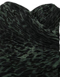 Women's Green Leopard Print Bustier Draped Midi Dress Silk