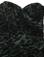 Women's Green Leopard Print Bustier Draped Midi Dress Silk