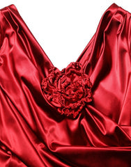 Women's Red Silk Satin Draped Midi Floral Applique Dress Elastane