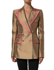 Women's Gold Silk Double Breasted Coat Blazer Jacket And Pink External Clothing