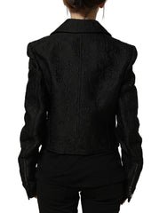 Women's Black Floral Brocade Biker Blouson Jacket External Silk Cotton Clothing
