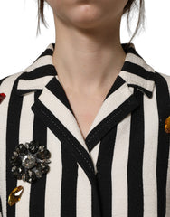 Women's Black White Striped Embellished Coat Jacket Clothing