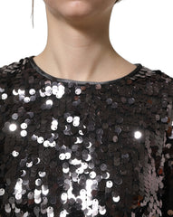 Women's Black Sequined Long Sleeves Crop Blouse Top Nylon
