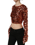 Women's Red Sequined Long Sleeves Crop Blouse Top Nylon