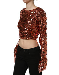 Women's Red Sequined Long Sleeves Crop Blouse Top Nylon